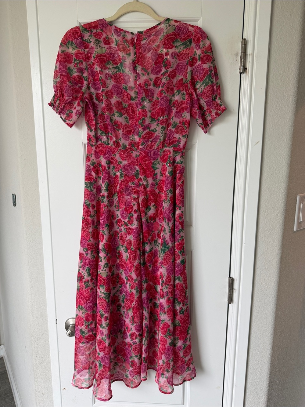 Bright Pink Floral V-Neck Midi Dress - Picture 3 of 4